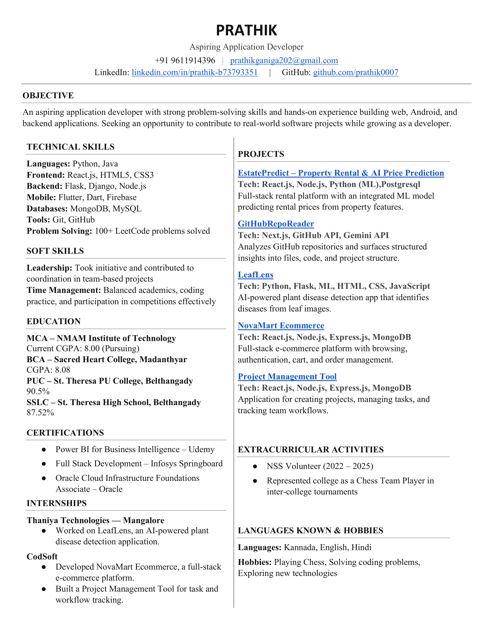 Resume preview for Prathik